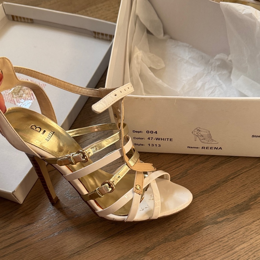White, Beige and Gold Strappy Heels